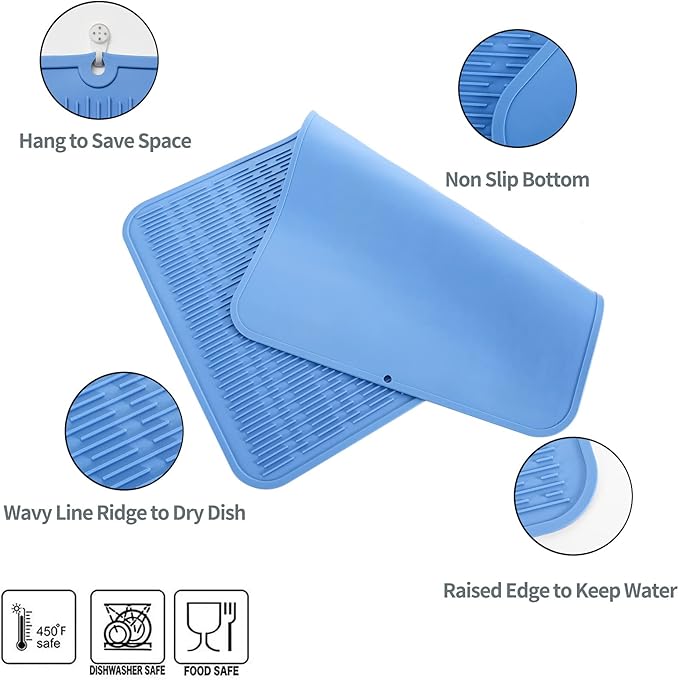 MicoYang Silicone Dish Drying Mat for Multiple Usage,Easy clean,Eco-friendly,Heat-resistant Silicone Mat for Kitchen Counter or Sink,Refrigerator or Drawer Liner Lichen BlueL 4XL 32 inches x 18 inches