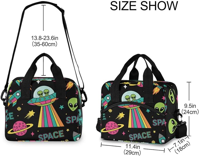 OREZI Insulated Lunch Tote Bag for Adult Men Women,UFO Aliens Spaceship Planet Kid's School Lunchbox with Detachable Shoulder Strap for School Office Fishing
