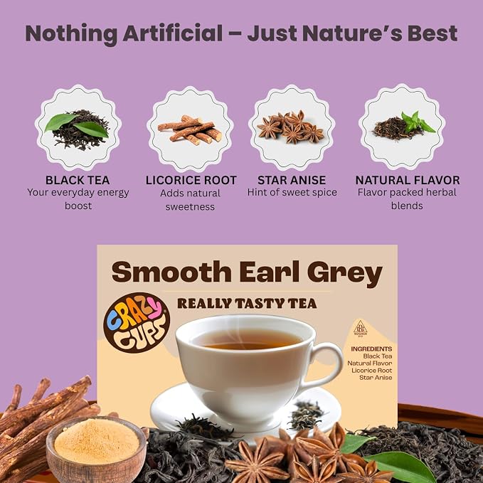 Crazy Cups Smooth Earl Grey Herbal Tea Pods, 22 Count | Caffeine Free, Kosher Certified Black Tea Blend with Licorice Root & Star Anise, K Cup Compatible, Bold Bergamot Flavor, Gluten Free, Vegan, Hot or Iced Tea