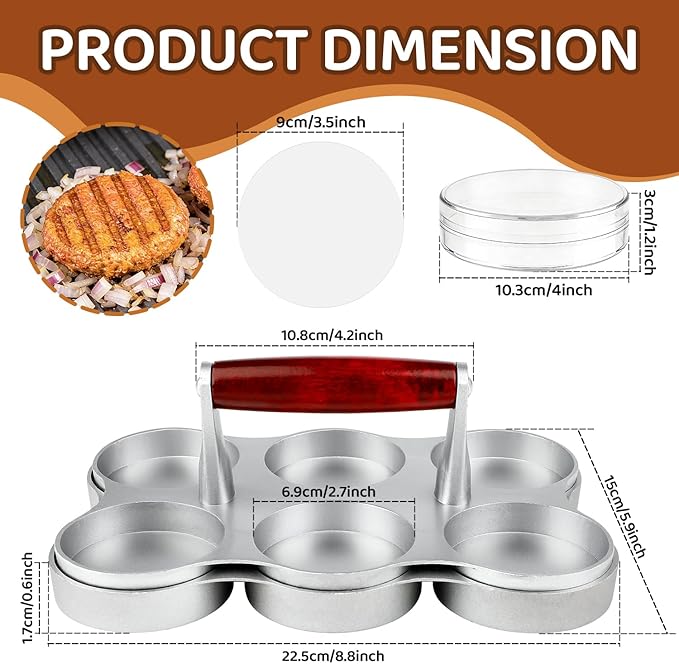 Mini Burger Press, 6 Slots Slider Sausage Patty Press with 200 Patty Papers and 6 Storage Containers, Heavy Duty Round Shape Meat Patty Maker for Small Hamburger, BBQ, Picnic