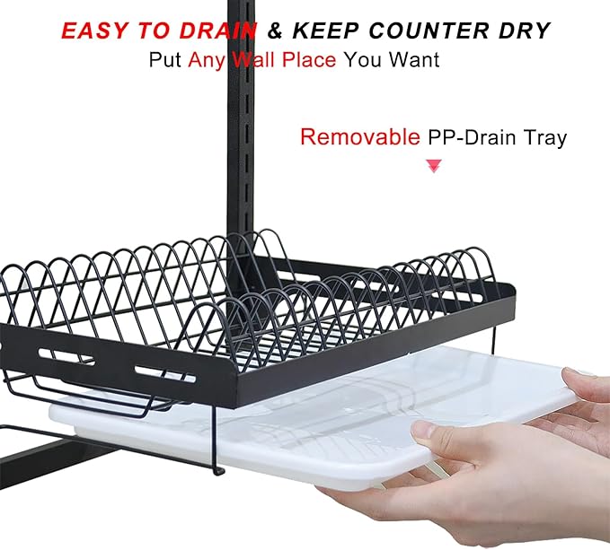 Hanging Dish Drying Rack, Wall Mounted Dish Rack Kitchen, 2 Tier Plate Organizer Wall Mount, Stainless Steel Dish Drainer Storage Shelf with Drainboard, Cutlery Holder, Black, Ajustable Height ( 16" )