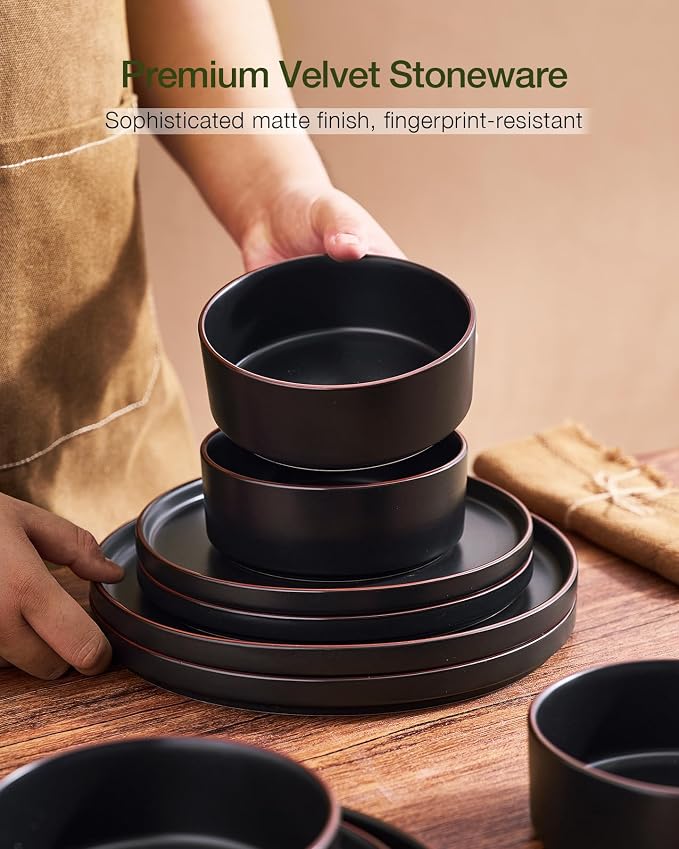 Famiware Nebula Ridge Stoneware Dinnerware Sets with Pasta Bowls, Plates and Bowls Sets, Service for 4 (16 Pieces), Microwave and Dishwasher Safe Kitchen Plates, Matte Black