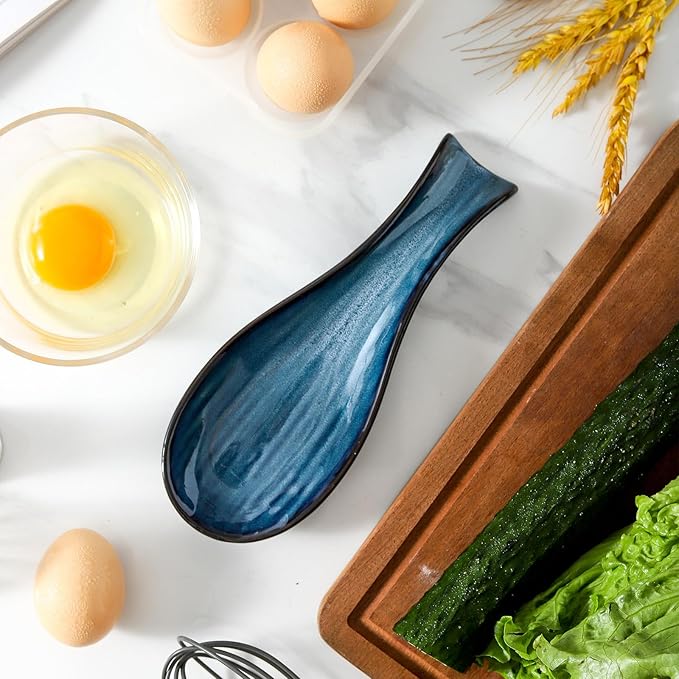 Ceramic Spoon Rest for Stove Top, Large 8.7 Inch Spoon Holder for Kitchen Counter, Porcelain Utensil Rest for Ladle, Spatula, Housewarming Gift, Dishwasher Safe and Heat-Resistant, Blue, Set of 2
