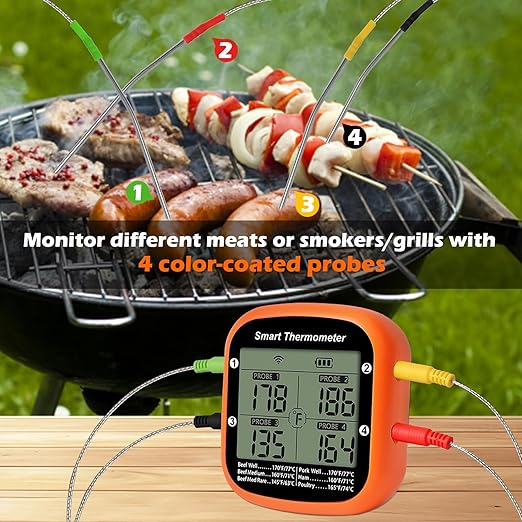 YFL Wireless Meat Thermometer with 4 Color Probes, Bluetooth Smart BBQ Thermometer for Grilling & Smoker, Magnetic Kitchen Thermometer165ft Range Digital Remote App Monitor