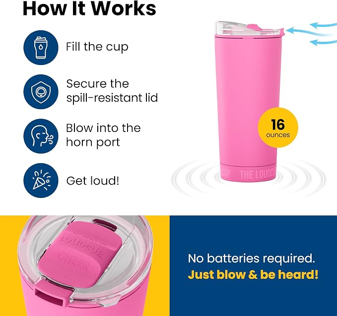 The LoudCup Blow Horn Tumbler, Cheer & Sip 2-in-1 Reusable Water Bottle with Built-In Horn for Sports Games, Tailgates, Parties & Events, BPA-Free, 16 oz, Panther Pink