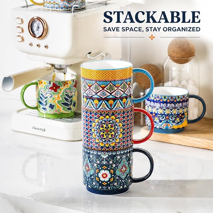 HENXFEN LEAD Coffee Mugs Set of 6, 12 oz Stackable Ceramic Coffee Cups with Large Handles, Boho Mug Set for Coffee, Tea & Hot Cocoa, Dishwasher & Microwave Safe