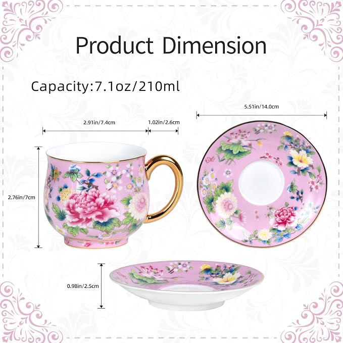 KAMMAK Tea Cups and Saucers Set of 2, Porcelain Coffee Cups, 8oz Stackable Espresso Mugs, Ceramic Demitasse for Coffee, Latte, Americano, Tea (939N+943N)