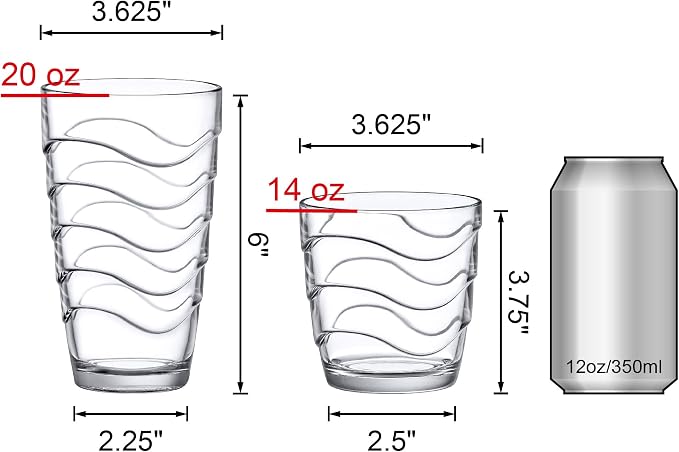 Amazing Abby - Wavely - 14-Ounce and 20-Ounce Plastic Tumblers (Set of 12), All-Clear Reusable Plastic Cups, Stackable, BPA-Free, Shatter-Proof, Dishwasher-Safe