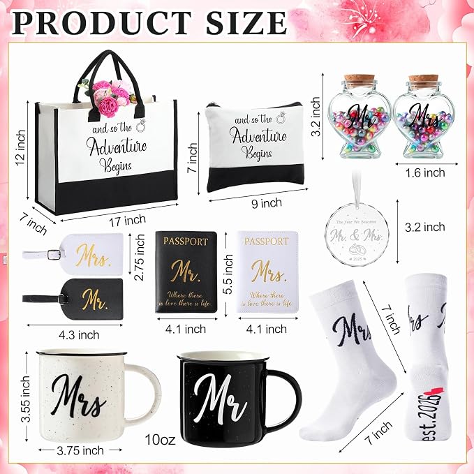15 Pcs 2026 Wedding Gift Mr and Mrs Gifts for Couples Set, Mr and Mrs Aprons Wedding Honeymoon Bridal Shower Cooking Gifts Ideas for Bride Groom Engagement Anniversary Travel(Adventure)