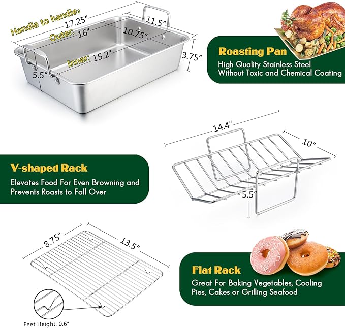 E-far Roasting Pan, 16 x 11.5 Inch Stainless Steel Turkey Roaster with V-shaped & Flat Rack, Non-toxic & Heavy Duty Deep Broiling Pan, Dishwasher Safe - Large