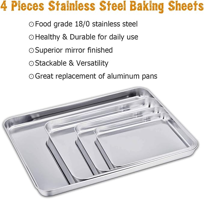 TeamFar Baking Sheet Set of 4, Stainless Steel Baking Pan Cookie Sheet | 16/ 12.5/ 10/ 9.3 Inch Toaster Oven Sheet Pan Tray for Baking Roasting, Non Toxic & Healthy, Mirror Finish & Dishwasher Safe