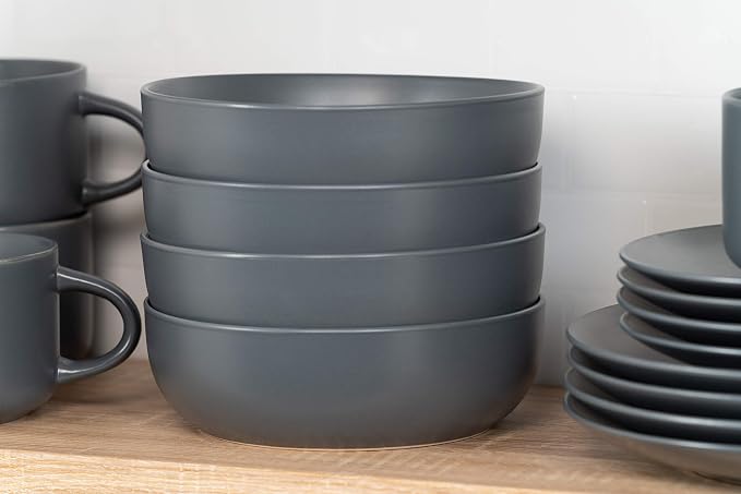 10 Strawberry Street Wazee Matte Coupe Dinnerware Set, 16 pc, Charcoal Gray