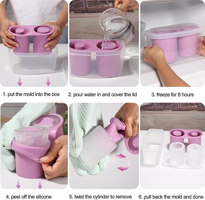 2 Packs Ice Mold for Stanley Cup, Silicone Ice Cube Tray for Stanley Cup 30oz-40oz, Tumbler Ice Mold with Lid and Bin, Easy Release Cylinder Ice Cube Mold, Lilac