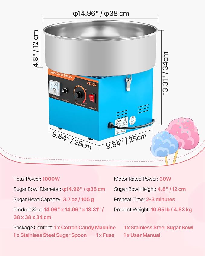 VEVOR Cotton Candy Machine Commercial, 1000W Electric Candy Floss Maker, Easy Use with 15 inch Stainless Steel Bowl and Sugar Scoop, Makes Hard Candy for Home Kids Birthday, Family Party, Blue