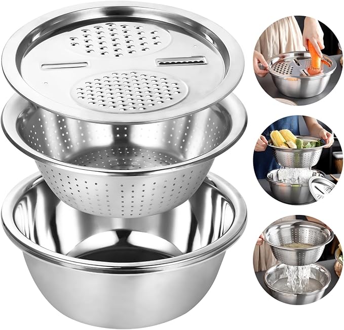 Multifunctional Stainless Steel Basin with Grater, 11 Inch Salad Maker Bowl, Vegetable Slicer Shredder Colander, Stainless Steel Grater Bowl Set for Kitchen