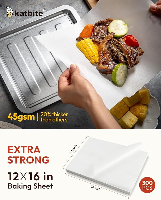 Katbite Parchment Paper, Heavy Duty 12x16 inches Baking Paper, 300 Sheets Oil-proof and Non-stick Parchment Paper Sheets Perfect for Air Fryer, Grilling,Cooking and Wrapping [Advanced Series]