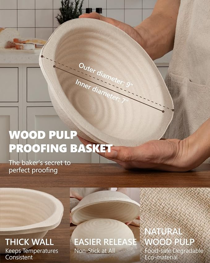 Wood Pulp Banneton Bread Proofing Baskets Set of 2, 7 Inch Round 1.1LB Sourdough Banneton Basket with Liner, Non-Stick Dough Proofing Bowl for Rising and Baking
