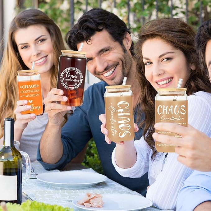 12 Set Employee Appreciation Gifts Bulk, Personalized Chaos Coordinator Gifts for Graduation Season Coworker 16 oz Can Shaped Beer Glass Cups, Gift Box and Card for Team, Party, Women, Men