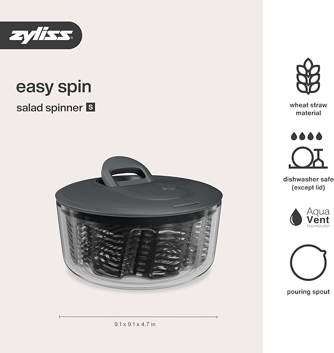 Zyliss Easy Spin Salad Spinner - Fruit & Veggie Dryer - Produce Spinner & Cleaner for Salad Prep - Dishwasher-Safe Kitchen Essential - Non-Slip Bowl with Pull Handle - Grey Easy Spin Small