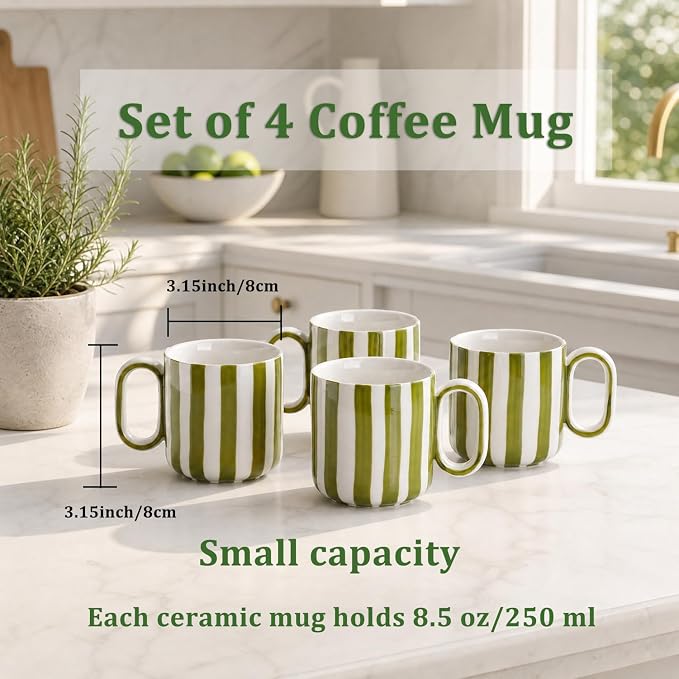 Ceramic Coffee Mugs Set of 4, 8.5 oz Small Stoneware Coffee Cups with Handle, Aesthetic Green Stripe Latte Tea Mug for Latte Tea Hot Chocolate, Microwave and Dishwasher Safe (8.5 oz)