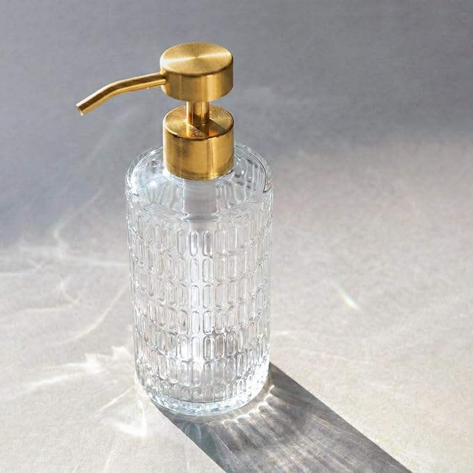 Elegant Fluted Glass Soap Dispenser with Stainless Steel Pump, 17oz Vintage Art Deco Style Clear Ribbed Glass Bottle for Bathroom, Dish Soap Dispenser for Kitchen (Gold Pump)