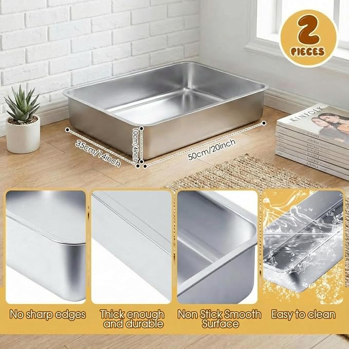 Suclain 2 Pack Stainless Steel Boot Trays for Entryway Under Sink Mat Tray Litter Box for Kitchen Cats Cabin Bathroom Office Storage Decoration, 20 x 14 x 4 in, Non-Slip Rubber Feet(20 x 14 x 4 Inch)