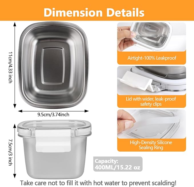 3 Pack Stainless Steel Food Storage Containers with Lids - 15.22 oz Small Snack Boxes & Lunch Containers, Shatterproof Leakproof Freezer Safe Meal Prep Containers for Portioning Snacks, Dips