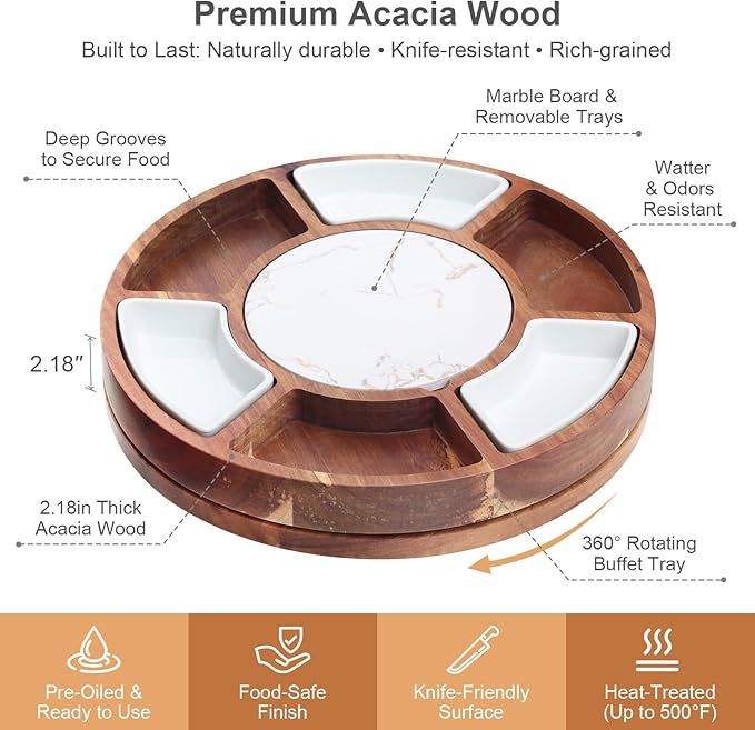 360° Rotating Lazy Susan Cheese & Charcuterie Board Set - 13.5" Acacia with Built-in Slate Chiller, 3 Ceramic Bowls & 2 Cheese Knives - Housewarming, Birthday & Wedding Gift