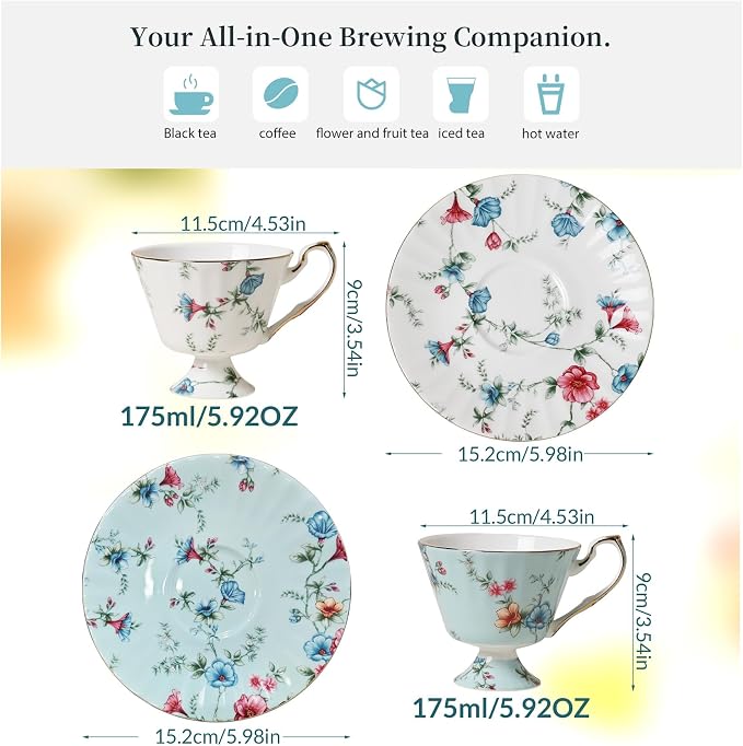 ACMLIFE Tea Sets for Adults, Tea Cups and Saucers, 4 Pcs Floral Vintage Bone China Tea Set, British English Tea Cups with 24K Gold, Mother's Day, Wedding Gift, Tea, Coffee & Gifting (Blue and White)