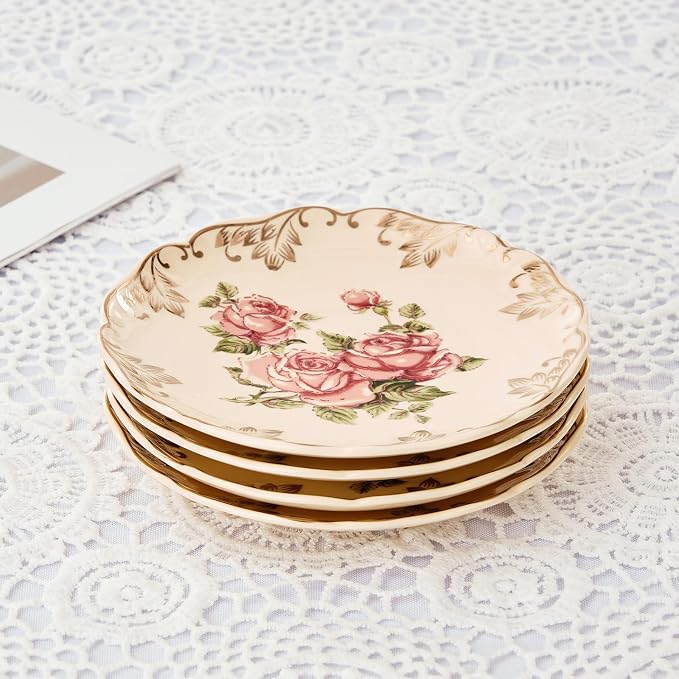 YOLIFE Ivory Vintage Floral Tea Saucers Set of 4, 5.8 inch with Gold Leaves Trim – Beautiful Porcelain Tea Plates for Cups, Ideal for Tea Parties
