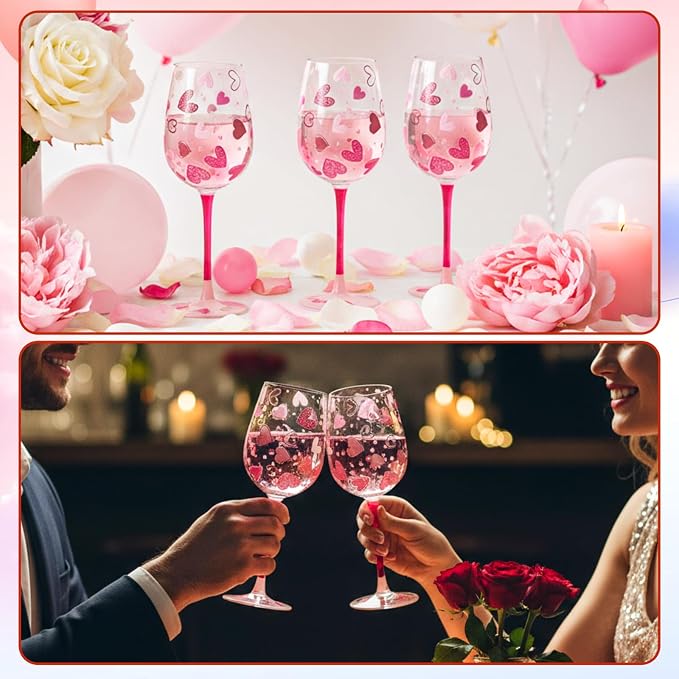 SiliFine 4 Pcs Valentine's Day Party Stemmed Wine Glasses Hand Painted Drinking Cup Wine Glasses for Birthday Theme Holiday Party Supply