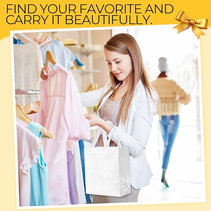 Eccliy Reusable Gift Bags Set Glossy Grocery Gift Tote Bag with Handle for Wedding, Bridal Shower, 4th of July, Summer Event(10 x 8 x 4.7 Inch,White,80 Pcs)