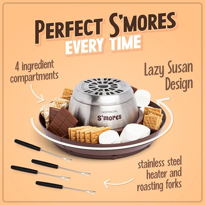 Nostalgia Tabletop Indoor Electric S'mores Maker - Smores Kit With Marshmallow Roasting Sticks and 4 Tray Lazy Susan for Graham Crackers, Chocolate, and Marshmallows - Movie Night Supplies - Brown