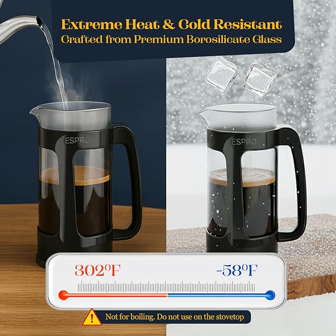 ESPRO Light P3 French Press Coffee Maker – Patented Double Micro-Filter for Grit-Free Brew, Heat Resistant thicker Borosilicate Glass Coffee press – (Black 18 oz)