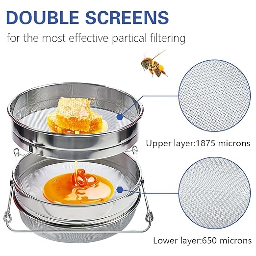 Honey Strainer Stainless Steel Honey Filter Double Sieve Honey Debris Strainer Honey Extractor Equipment for 5 Gallon Bucket Honey Beekeeping Equipment Tools