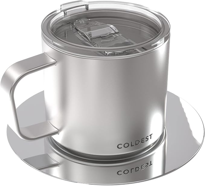 Stackable Insulated Espresso Cup with Saucer by Coldest - Insulated Triple Wall Travel Stainless Steel Travel Double Shot Espresso Coffee Mug with Sliding Lid (4 oz, Polished Stainless Steel)