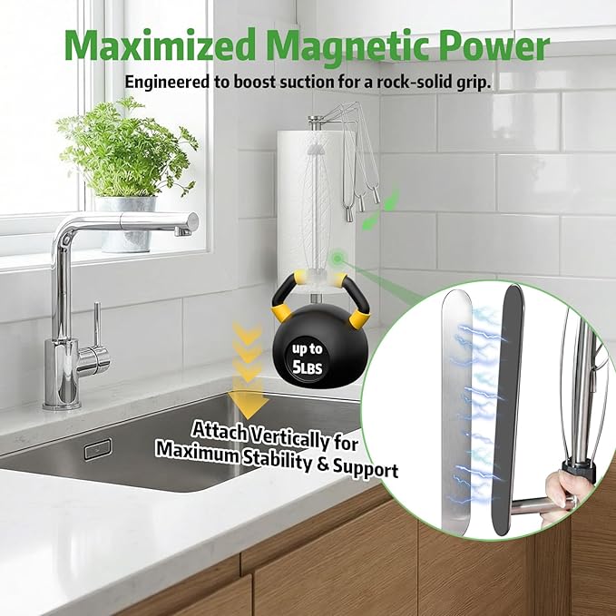 KIHOGEM Magnetic Paper Towel Holder for Fridge, Stainless Steel Paper Towel Holder Magnetic with Gravity-Weighted Arm, Kitchen Paper Towel Holder with 2 Metal Plates for Wall, Cabinet, RV