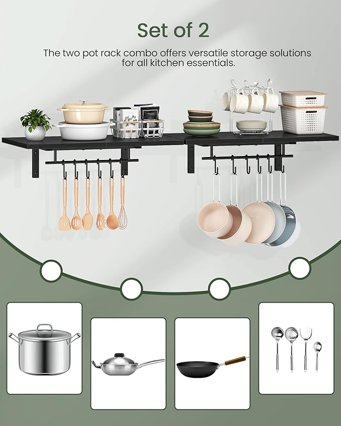 CHOEZON Wall-Mounted Pot Racks, Set of 2 Hanging Pot Rack, Floating Shelves, Vintage Pot Hangers for Kitchen, 2-Tier Hanging Shelves for Kitchen Storage, Black TPR26P2BB