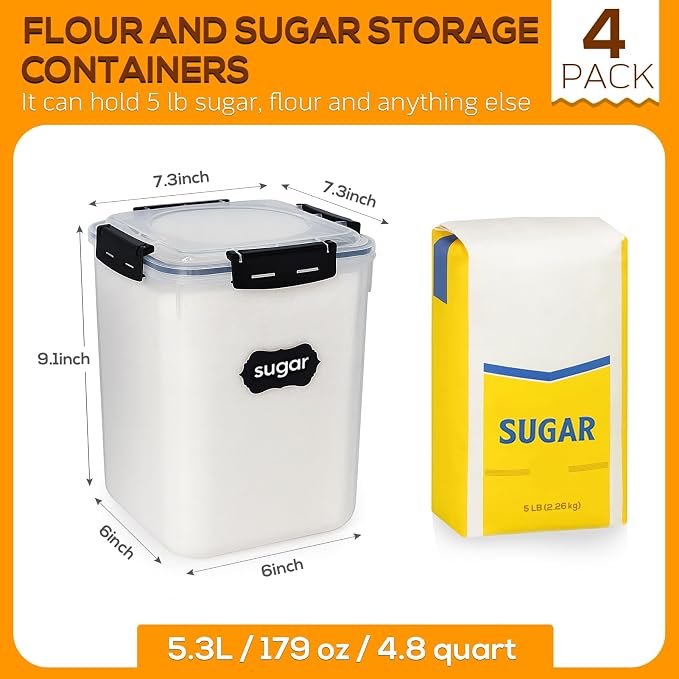 Large Thicker Food Storage Containers with Lids Airtight 5.3L/179Oz, 4pcs Plastic Pantry Storage Container for Dry Food/ Flour/ Sugar/ Pasta/ Cereal/ Baking Supplies, Canister for Kitchen Organization