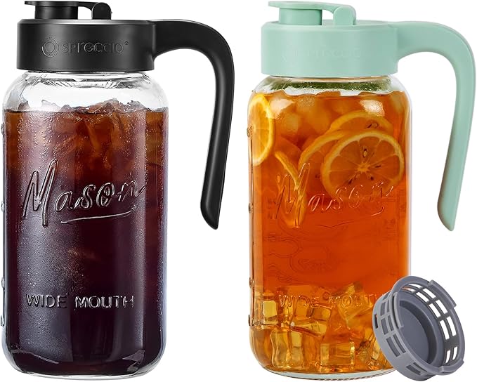 Mason Jar Pitcher - Airtight & Leakproof Glass Pitcher with Lid, Perfect for Breastmilk, Cold Brew, and Sun Tea, 2 Quart (64 oz) Mason Jar with Pour Spout Lid
