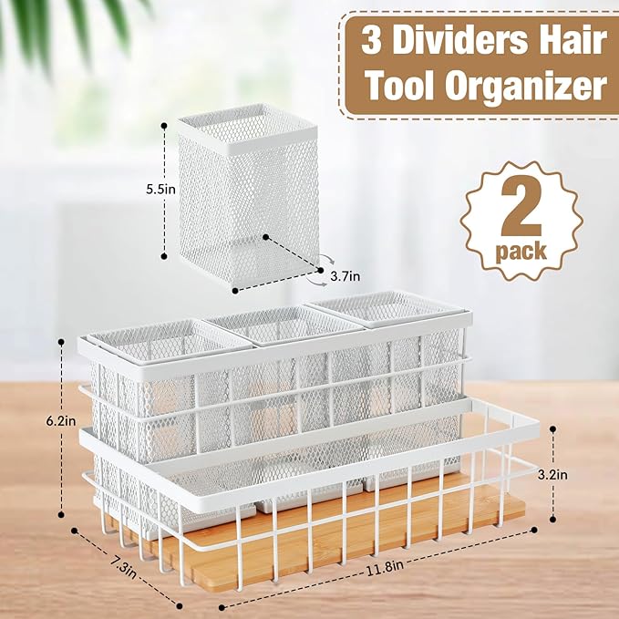 AceOrbit 2 Pcs Hair Tool Organizer Countertop Breathable Metal & Bamboo Hot Tools Organizer Under Sink Bathroom Hair Dryer Holder Countertop Brush Comb Holder,Makeup Tray (Natural Bamboo,White)