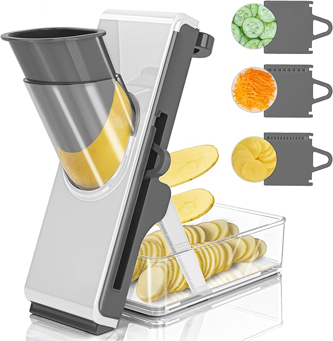 Eletronova Safe Mandoline Slicer for Kitchen, Vegetable Slicer for Kitchen，Kitchen Food Slicer, French Fry Cutter Julienne Dicer for Vegetables Grey (White & Green) (White Light Gray)
