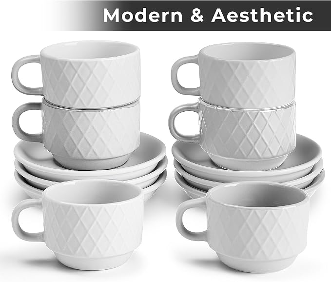 MIAMIO - 6 x 2.5 oz Stoneware Espresso Mug, Cup Set Modern with Stand and Saucers - Palmanova Collection (White)