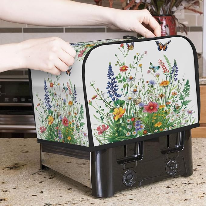2 Slice Beautiful Flowers And Grass Toaster Cover Dust And Fingerprint Bread Maker Cover Bakeware Protector Washable Appliance Covers Kitchen Accessories For Home Kitchen Women Gift