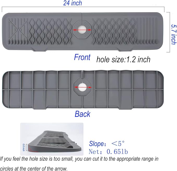 Kitchen Sink Splash Guard 24inch Grey Silicone Faucet Mat Draining Mat Longer Silicone Faucet Handle Drip Catcher Tray Bathroom Countertop Protect Mat for Kitchen Bathroom, Drip Protector Splash
