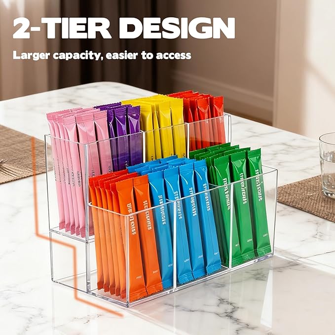 2 Pcs Drink Packet Organizer, 2-Tier Acrylic Drink Packet Organizer for Water Flavor Hydration Powdered Mixes Pantry Cabinet Counterto Kitchen Storage Holder Container