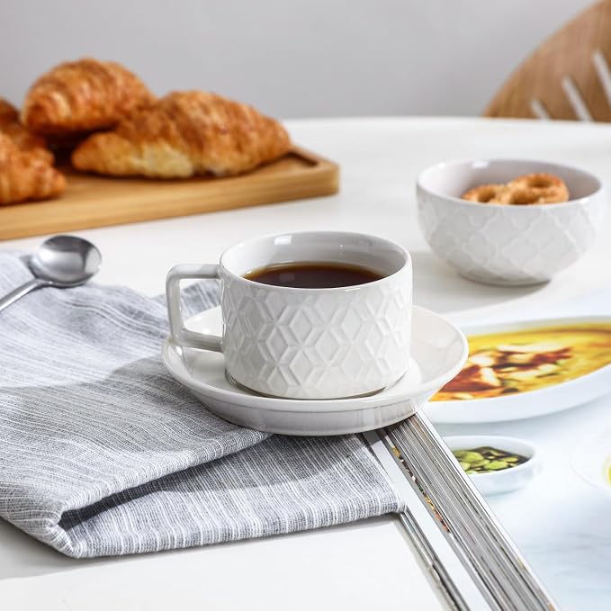 Sureasy 4 Ounce Ceramic Espresso Cups Set of 4 - Stackable Demitasse Cups with Saucers & Metal Stand, Coffee Cups for Latte, Tea, Dishwasher & Oven Safe, White