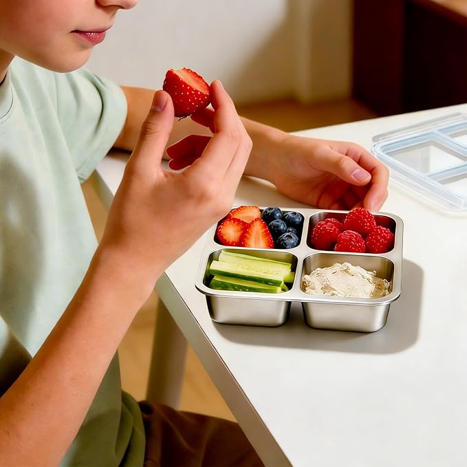 4 Pack Stainless Steel 4 Compartment Snack Containers with Lids, Reusable Divided Lunch & Food Storage Containers for Work, Travel(2 Pink, 2 Blue)