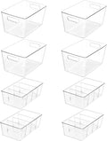 Vtopmart 8 Pack Clear Plastic Storage Bins Set, 4 Large Pantry Organizer Bins with Handle and 4 Medium Snack Organizer Bins with 4-Compartment for Pantry, Kitchen, Fridge, Cabinet Organization