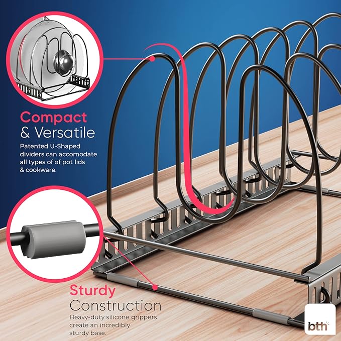 Better Things Home 7.5” Wide 6-Slot Adjustable Large Pan and Pot Lid Organizer with Scratch-Free Pads, Single Large Rack with 6 Adjustable Dividers, Cutting Boards, Baking Sheet, Inside Cabinet